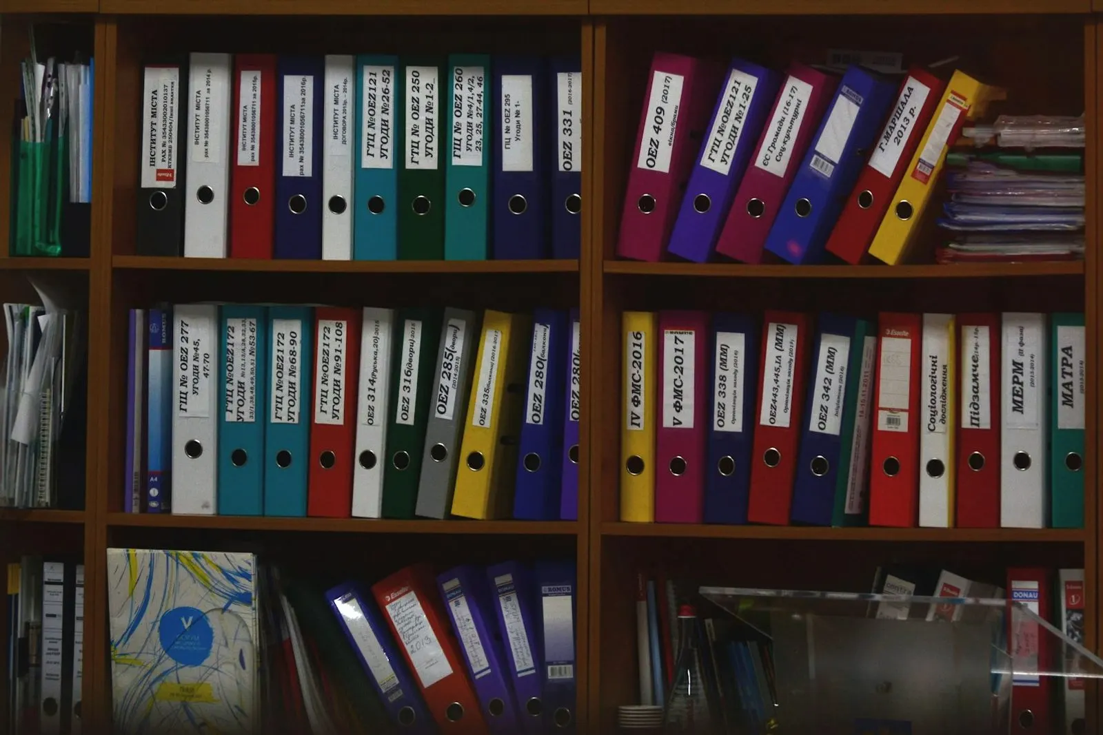 Carpetas y documentos contables ordenados en el estante